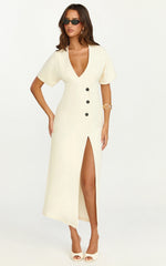 Makayla Midi Dress - Low Cut Button Down Midi Dress in Cream
