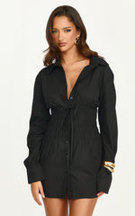 Eugenia Mini Dress - Long Sleeve Smocked Shirt Mini Dress in Black