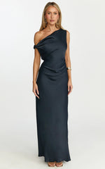Lira Midi Dress - One Shoulder Satin Dress in Navy
