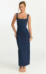 Kristie Maxi Dress - Wide Neck Corset Detail Denim Dress in Dark Blue