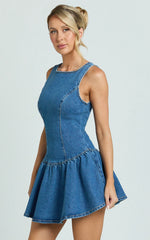 Vera Mini Dress - Boat Neck Drop Waist Fit And Flare Denim Dress in Mid Blue Wash