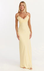 Kyra Maxi Dress - Lace Bust And Tie Back Satin Dress in Lemon