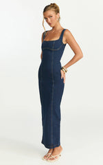 Kristie Maxi Dress - Wide Neck Corset Detail Denim Dress in Dark Blue