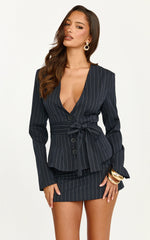 Georgie Top - Button Down Fitted Pinstripe Scarf Blazer Top in Dark Navy
