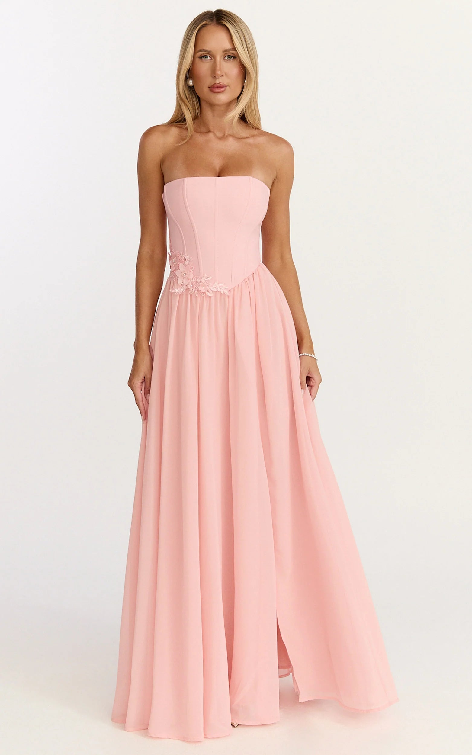 Penny Maxi Dress - Strapless Corset Bodice Floral Embellished Dress in Soft Pink