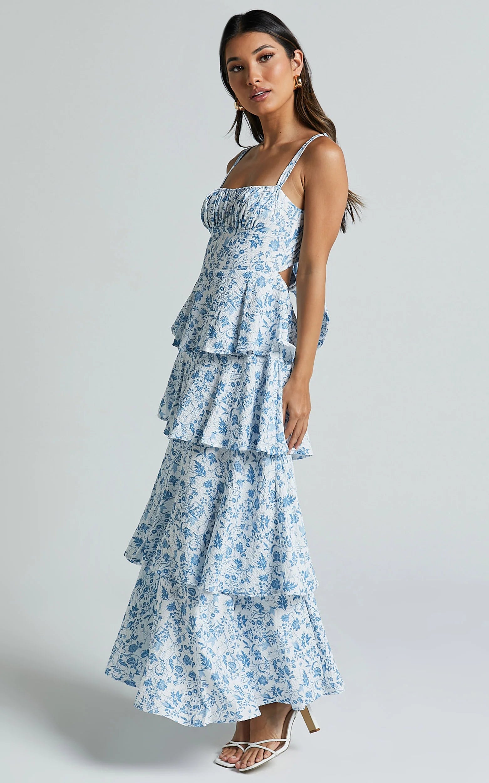 Lorma Midi Dress - Ruched Layered Dress in Blue Floral