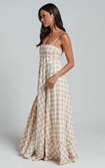 Katrien Maxi Dress - Strappy Empire Waist Flare Dress in Beige and White Check
