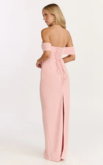 Karina Maxi Dress - Off Shoulder Corset Bodice Lace Up Back Dress in Pink