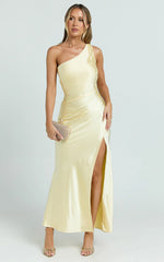 Isla Maxi Dress - Satin One Shoulder Side Split Dress in Lemon