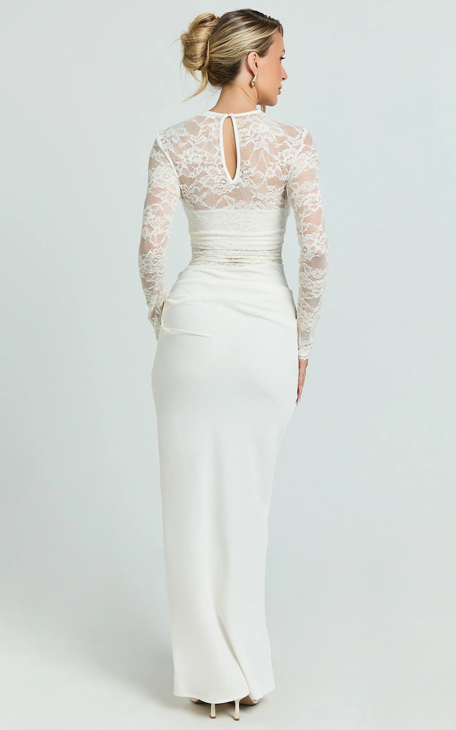 Crisanta Maxi Dress - Long Sleeve Contrast Lace Bodycon Dress in Ivory