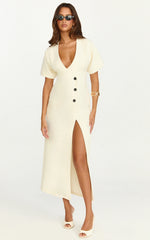 Makayla Midi Dress - Low Cut Button Down Midi Dress in Cream
