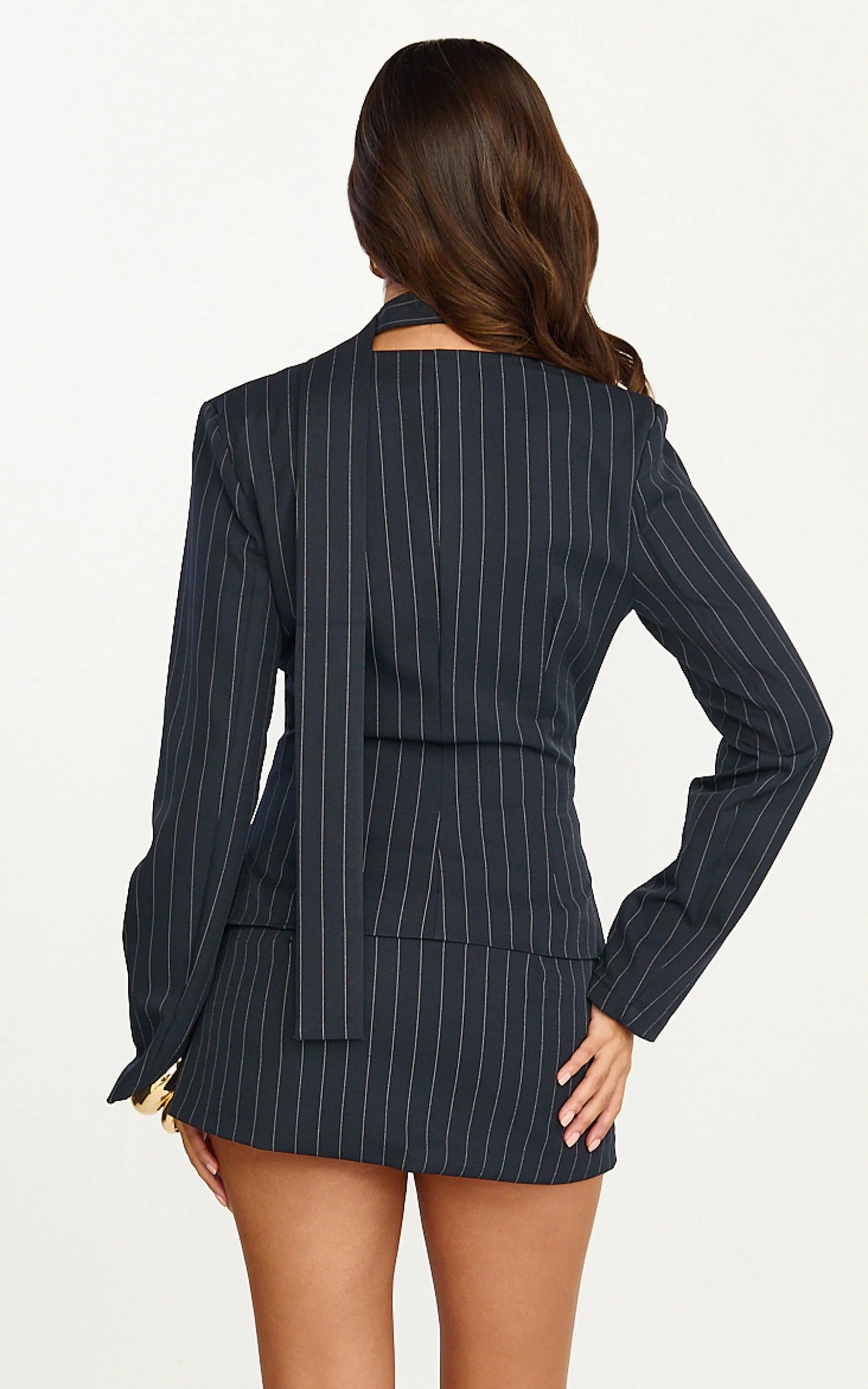 Georgie Top - Button Down Fitted Pinstripe Scarf Blazer Top in Dark Navy