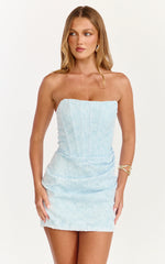 Rachel Mini Dress - Strapless Corset Bodice Draped Skirt Dress in Ice Blue