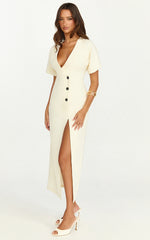 Makayla Midi Dress - Low Cut Button Down Midi Dress in Cream