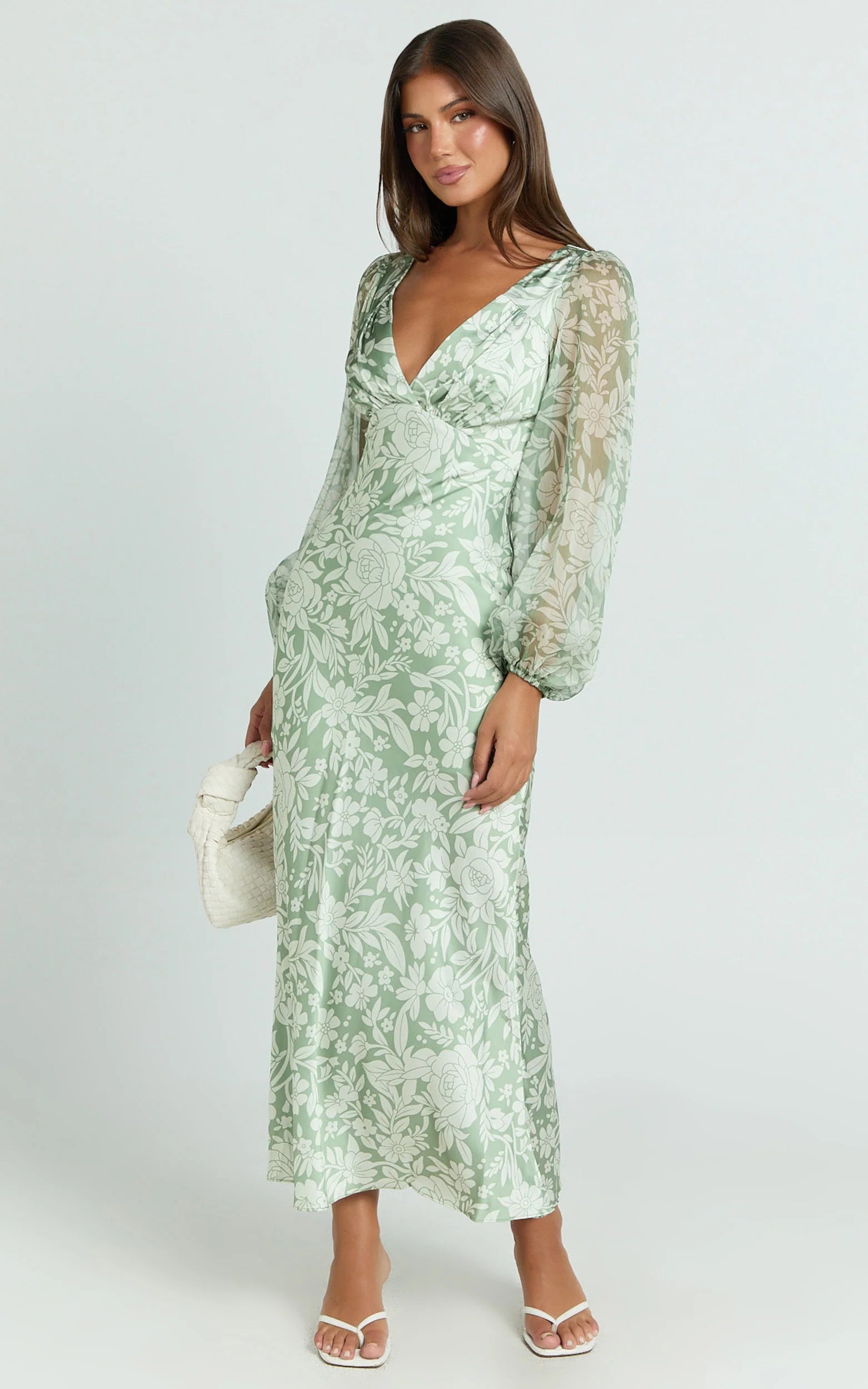 Freollyn Midi Dress - Deep V Neck Long Sleeve Dress in Sage