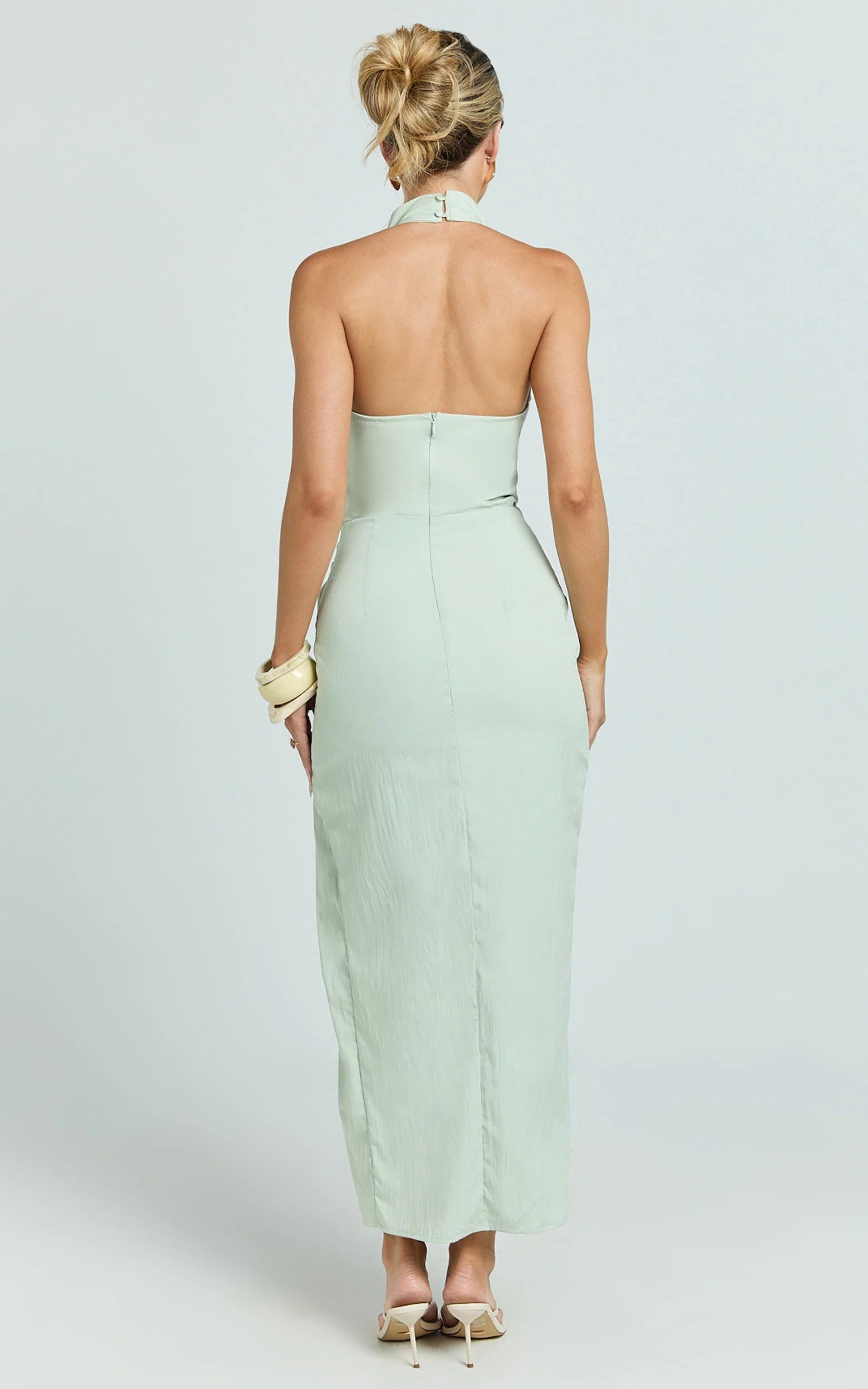 Finn Midi Dress - Folded Cowl Halter With Front Leg Split in Sage