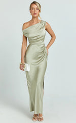 Laurie Maxi Dress - One Shoulder Tie Detail Dress in Light Olive