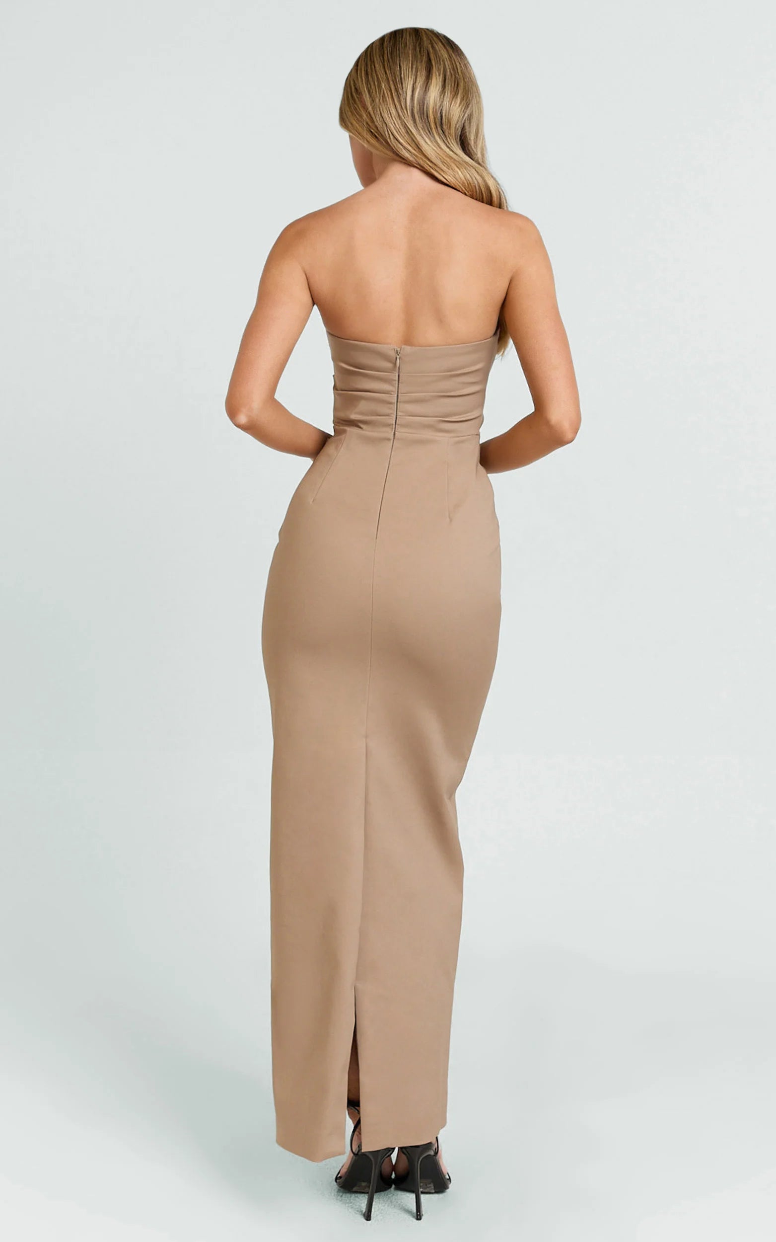 Jamie Maxi Dress - Strapless Ruched Fitted Column Dress in Mocha