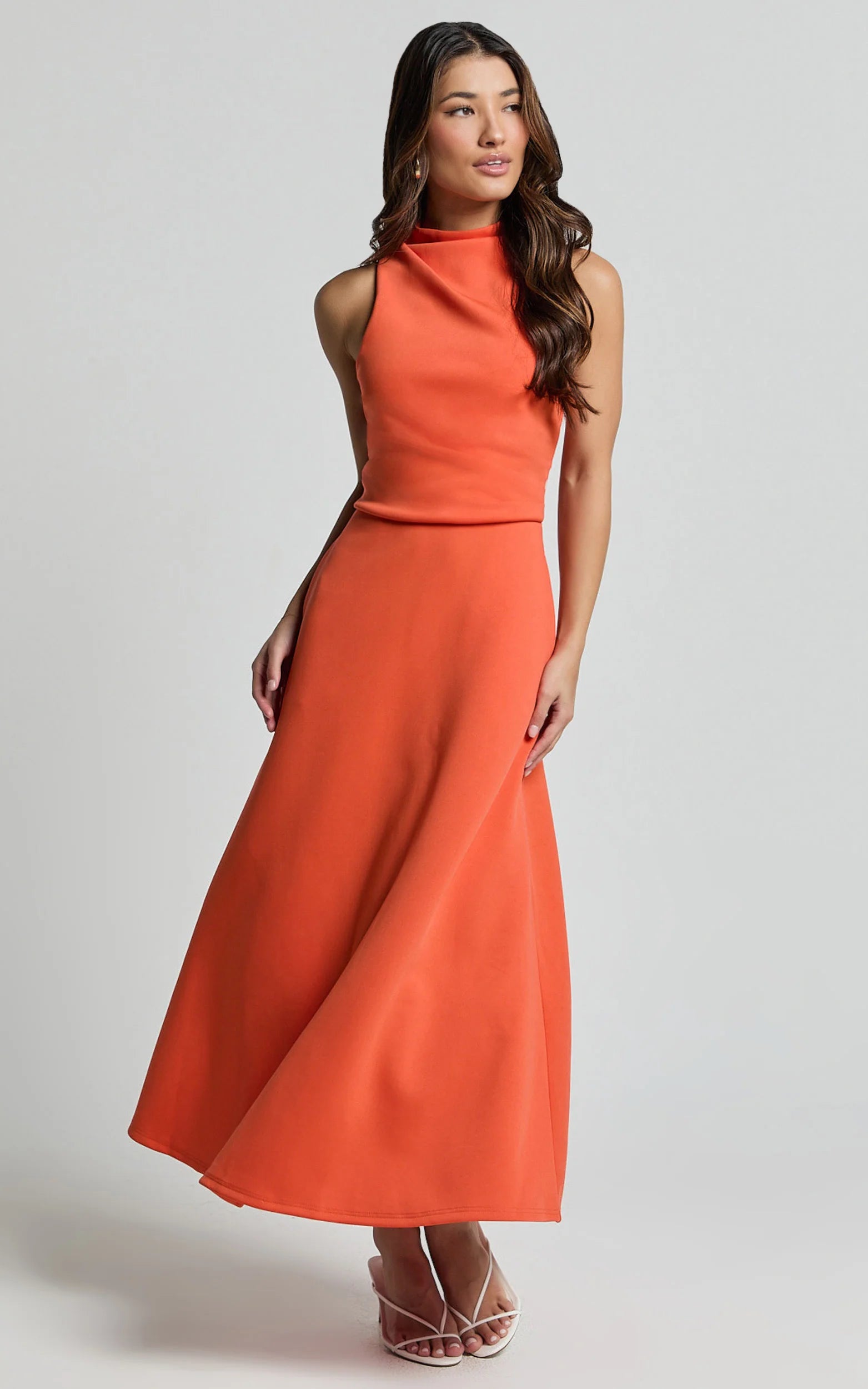 Macy Midi Dress - High Neck A Line Dress in Orange
