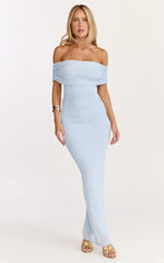 Caterina Maxi - Ruched Off Shoulder Mesh Dress in Pale Blue