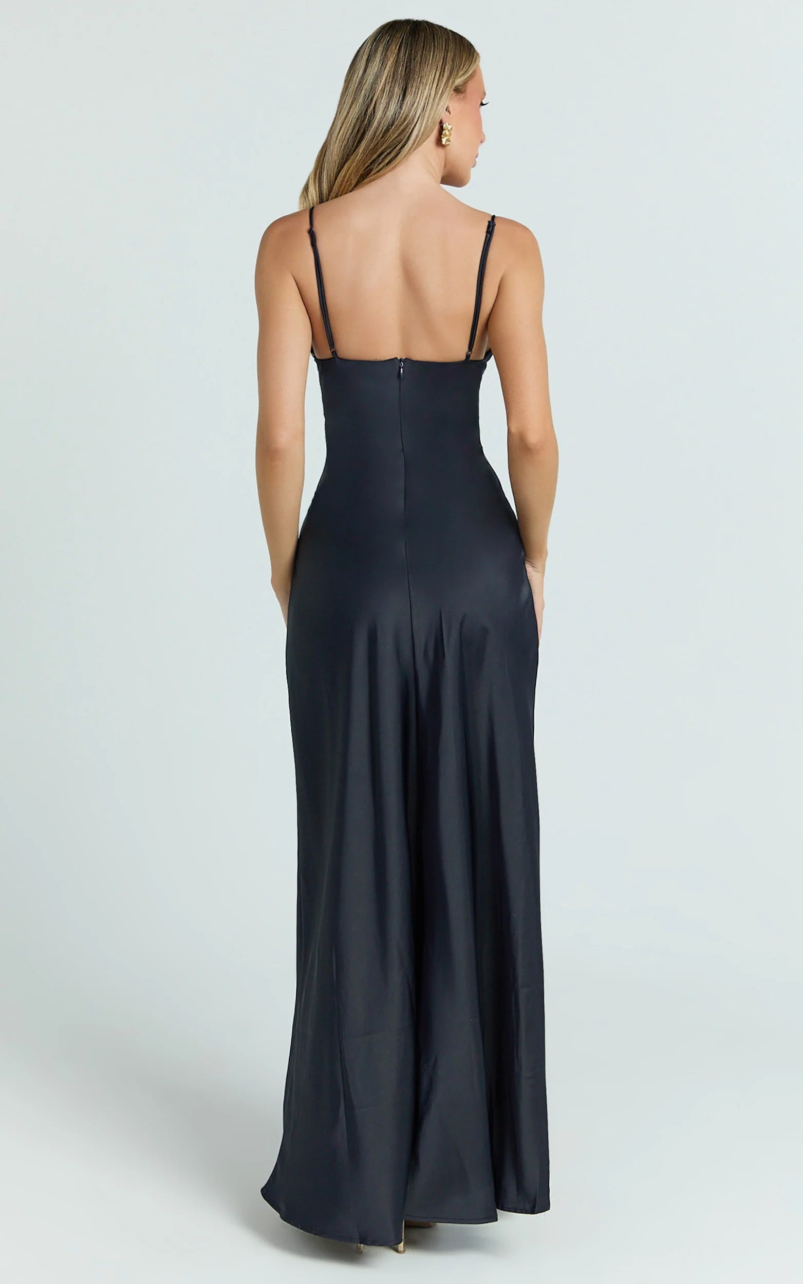 Cariela Midi Dress - Plunge Neck Satin Dress in Navy