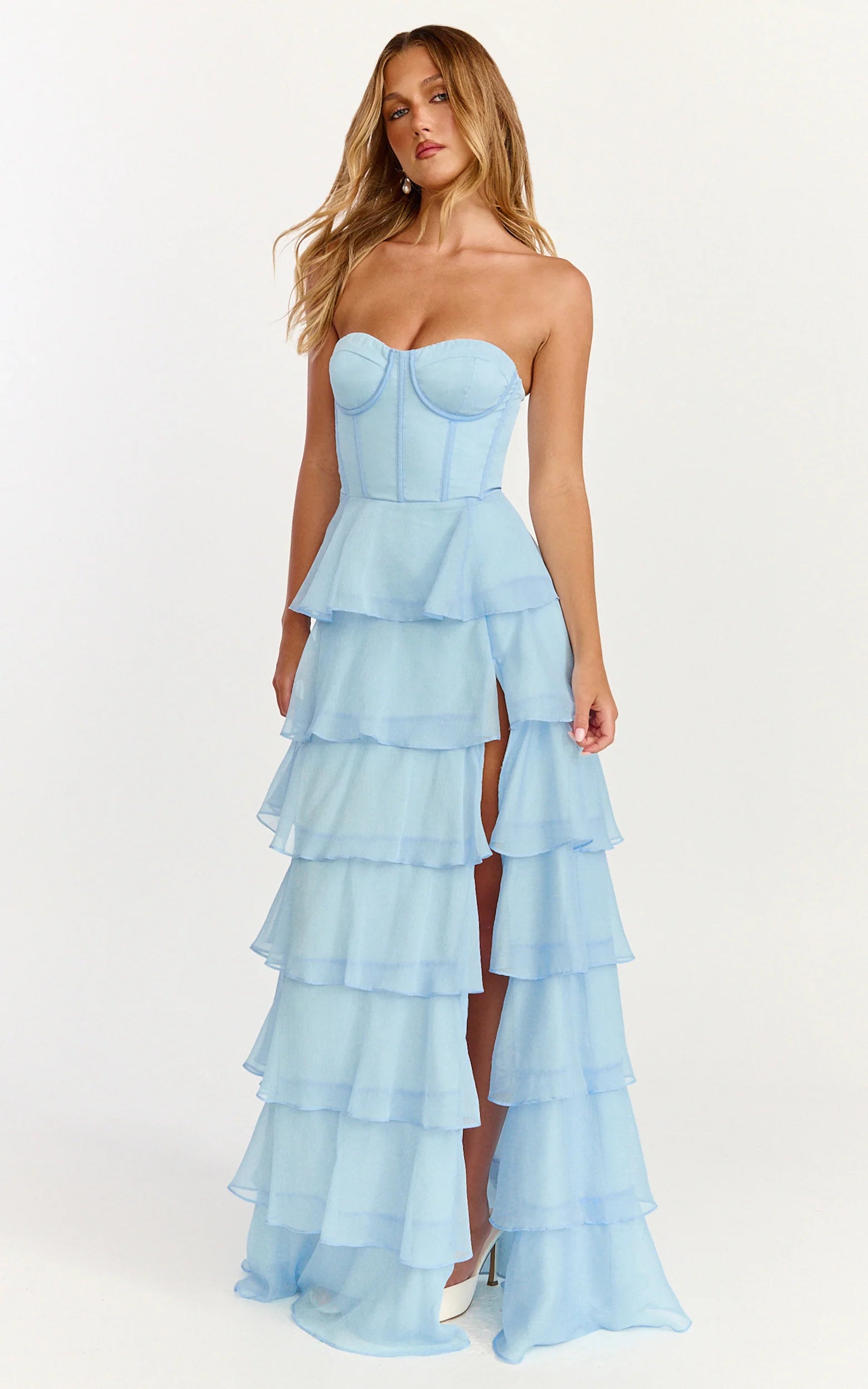 Bella Maxi Dress - Strapless Corset Bodice Lace Up Back Tiered Ruffle Dress in Soft Blue