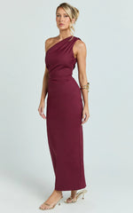 Karlie Midi Dress - One Shoulder Fitted Dress in Wine