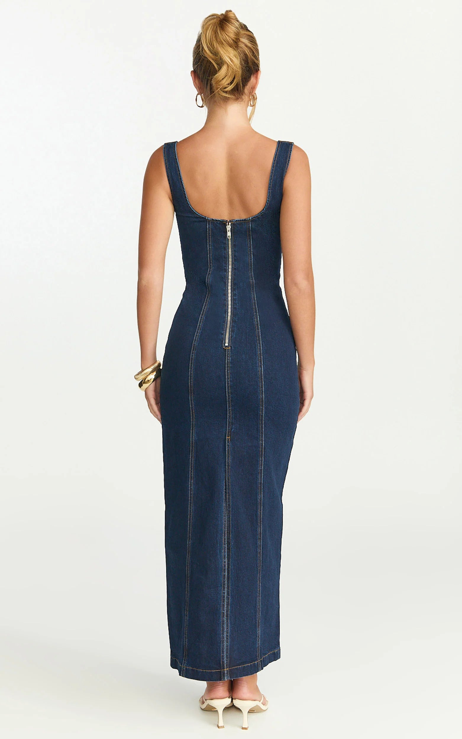 Kristie Maxi Dress - Wide Neck Corset Detail Denim Dress in Dark Blue