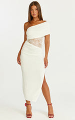 Juliet Midi Dress - One Shoulder Lace Contrast Bodycon Dress in Ivory