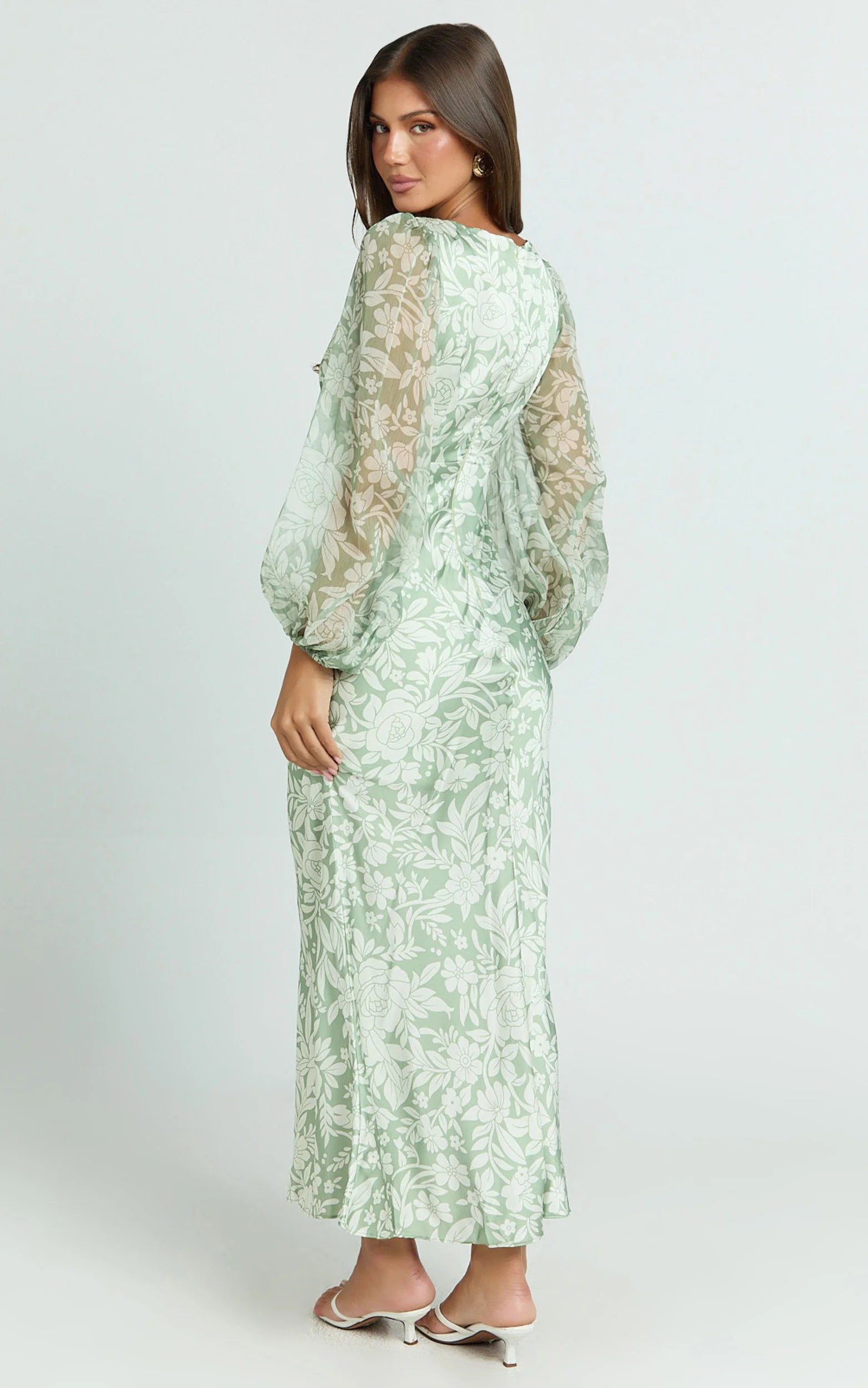 Freollyn Midi Dress - Deep V Neck Long Sleeve Dress in Sage