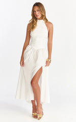 Anya Midi Dress - Halter Neck Ruched Drop Waist Dress in White