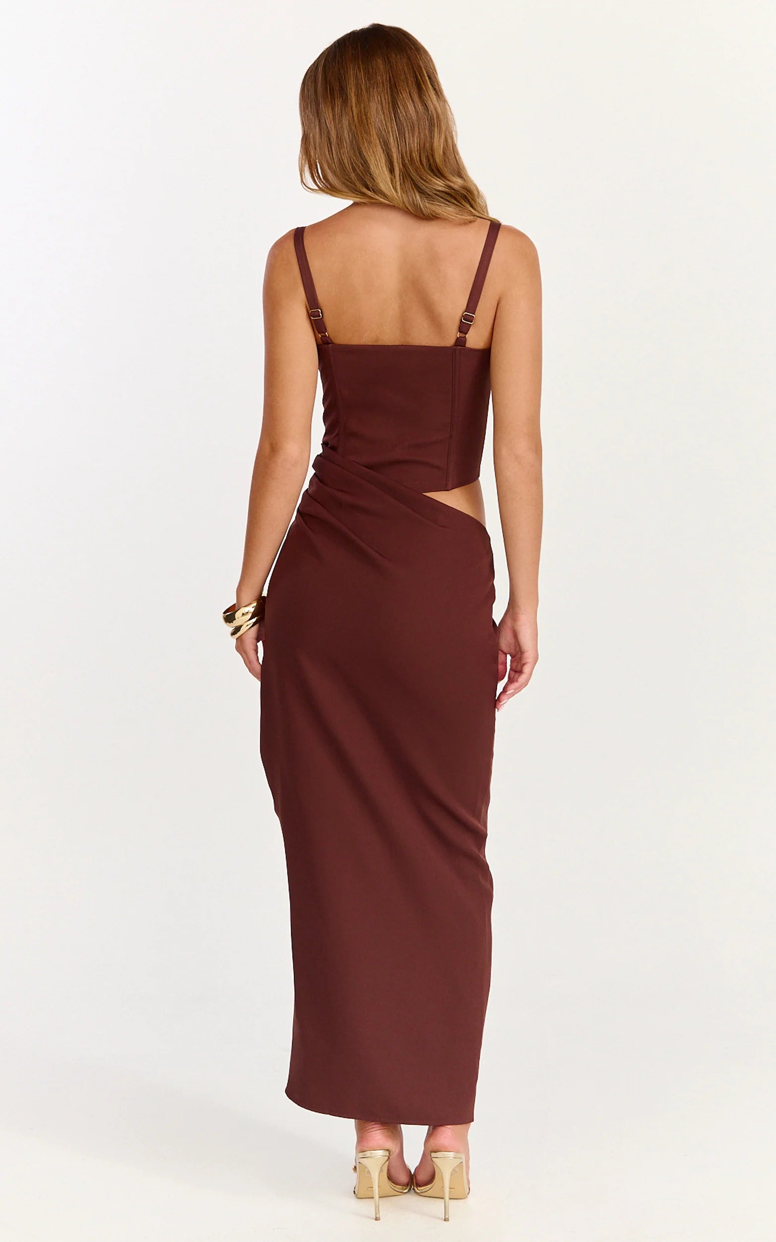 Jonas Maxi Dress - Strapless Corset Bodice Draped Waist Skirt Dress in Chocolate