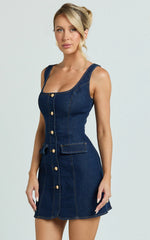 Valentina Mini Dress - Square Neck Button Down Denim Dress in Dark Blue Wash