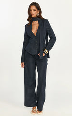 Georgie Top - Button Down Fitted Pinstripe Scarf Blazer Top in Dark Navy