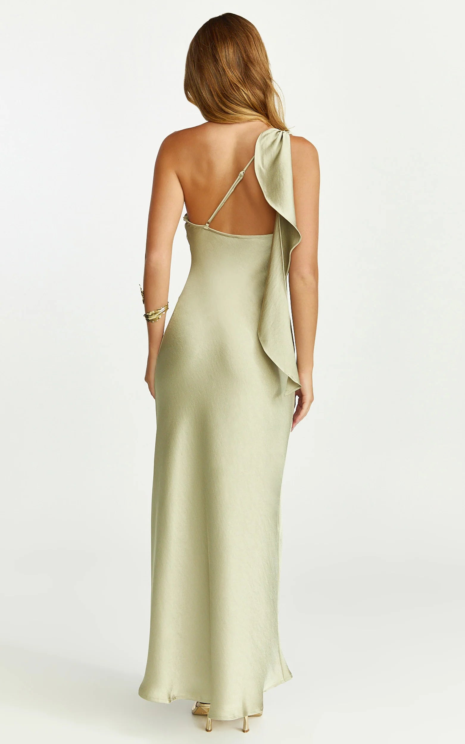 Calix Midi Dress - One Shoulder Slip Dress in Light Olive