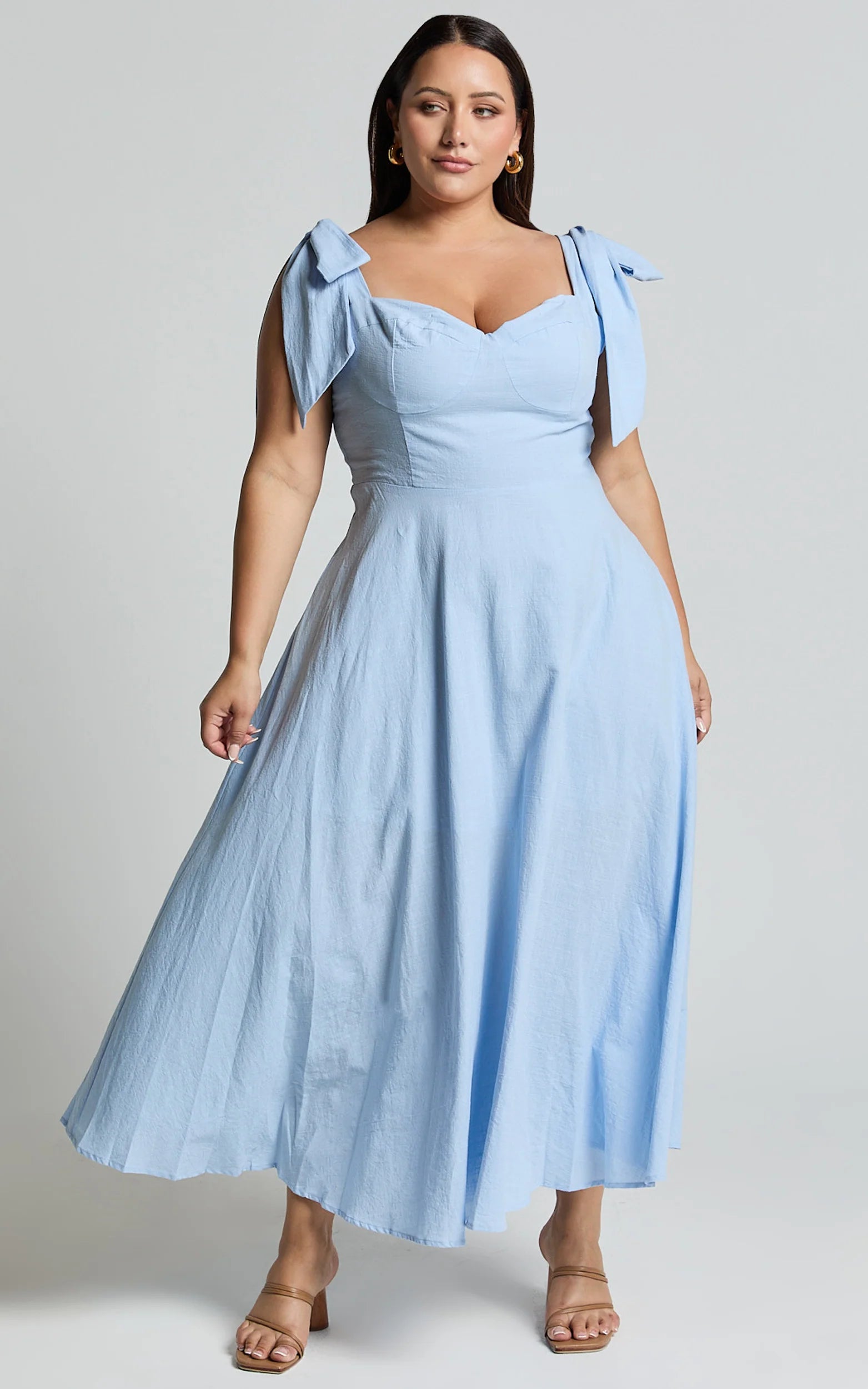 Tymia Midi Dress - Shoulder Tie Bustier Shirred Back A Line in Pastel Blue