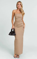 Jamie Maxi Dress - Strapless Ruched Fitted Column Dress in Mocha