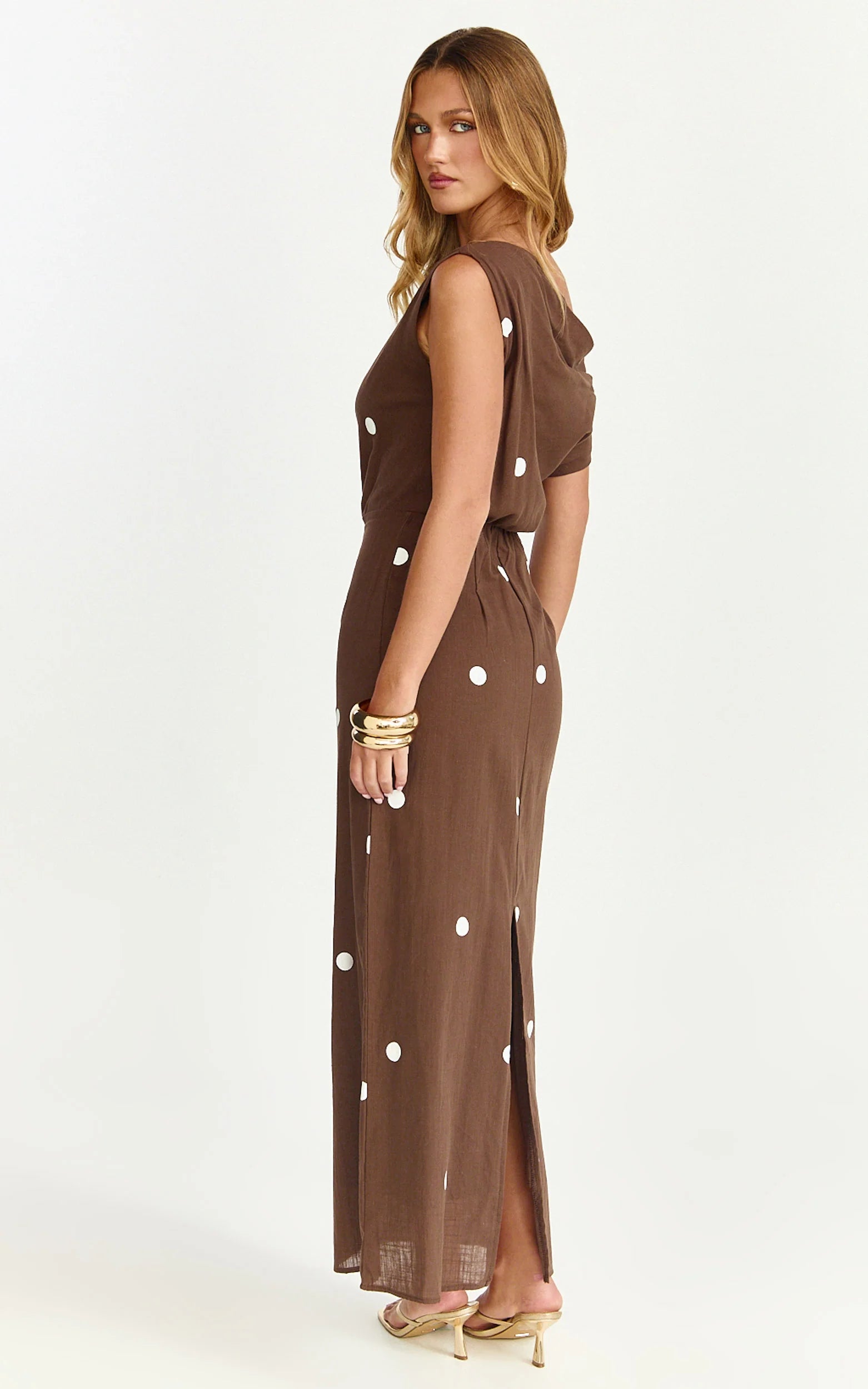 Cia Maxi Dress - Tipped Shoulder Linen Polkadot Dress in Chocolate
