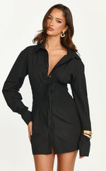 Eugenia Mini Dress - Long Sleeve Smocked Shirt Mini Dress in Black