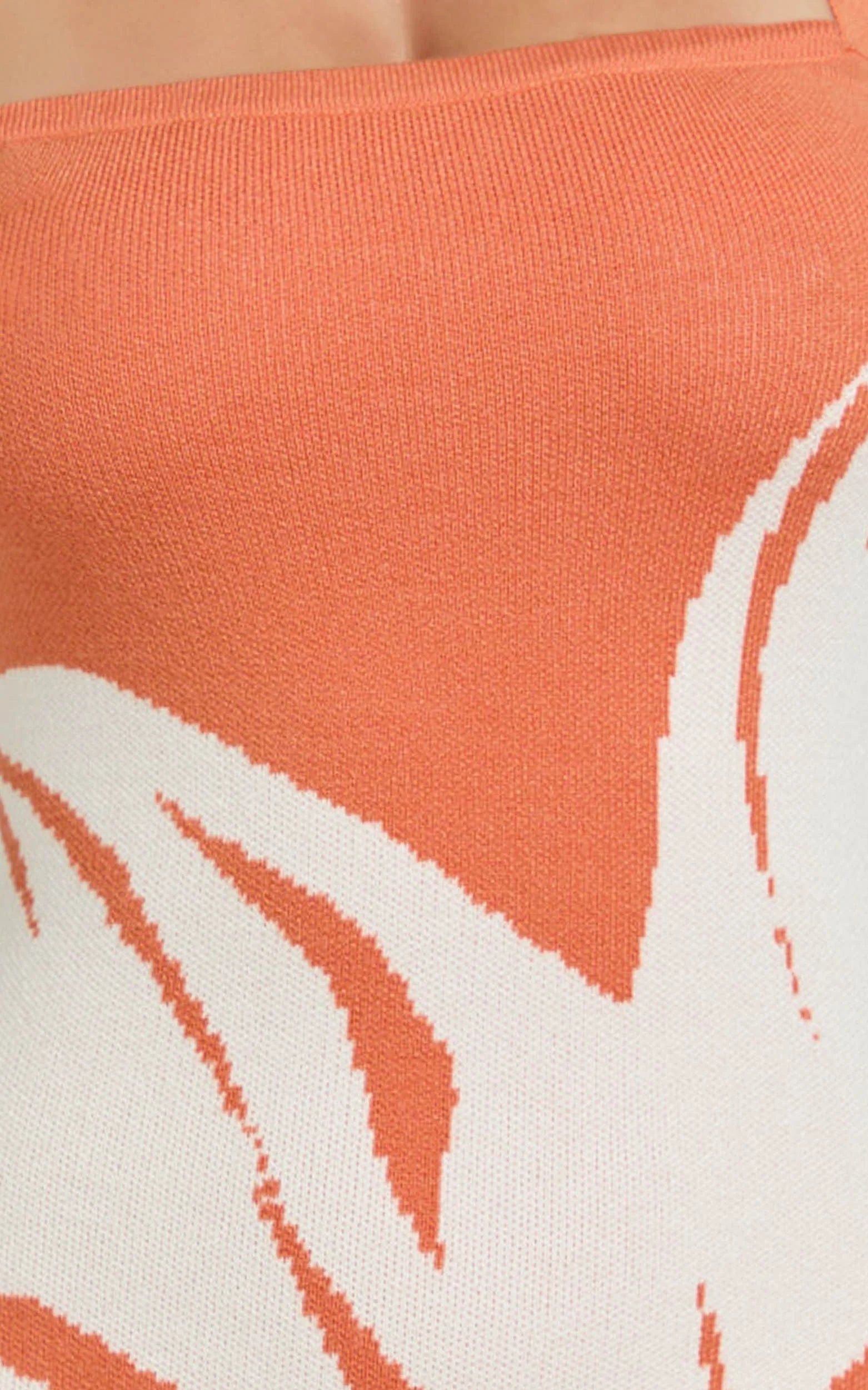 Amy Mini Dress - Knit Straight Halter Neck Bodycon Dress in Orange Intarsia Print